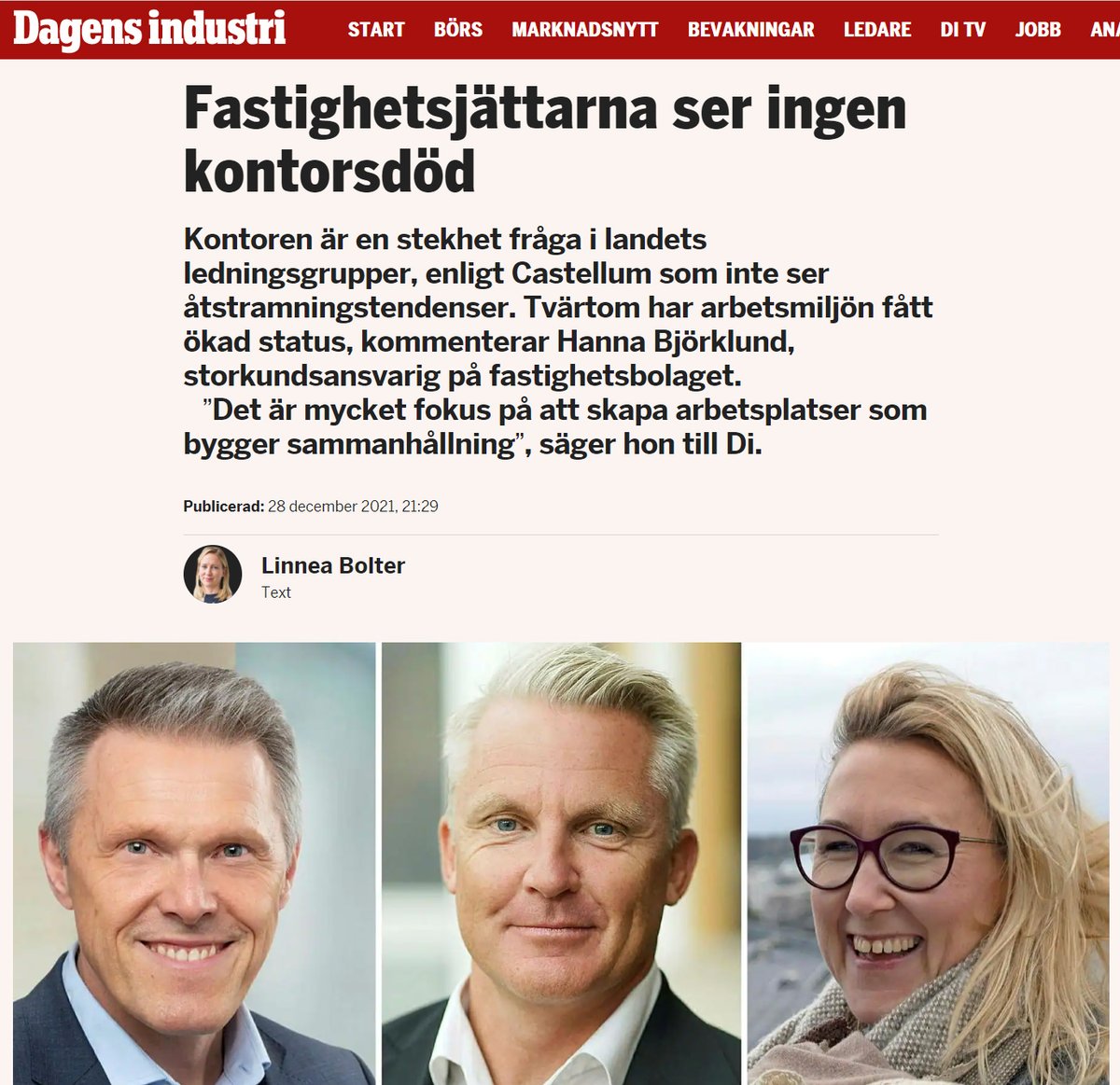 Castellum_ab's tweet photo. I @dagensindustri pratar vår KAM, Hanna Björklund om arbetsmiljöns ökade status: https://t.co/d5G2Q3XhWP
#framtidensarbetsliv #fastigheter https://t.co/fmCa7YtiCp