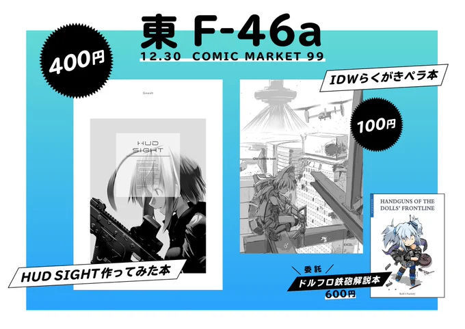 それではもう明日なんで、改めて告知を。
C99は30日(木)東 F-46a「Gewalt」で参加します。
新刊はHUD SIGHT本が400円、IDW本が100円。両方とも折本です…スミマセン!
また、Koh's Factoryのドルフロハンドガン本も委託頒布します。こちらは600円です。
HUD SIGHTは試作品も展示します。
#C99 #C99A 