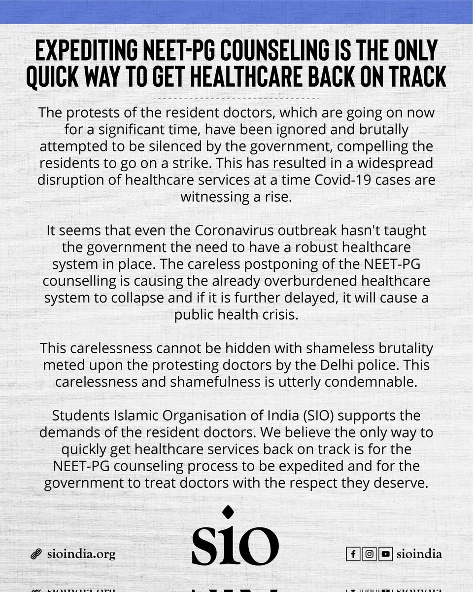 SIO's statement on delay in NEET-PG counseling and strike by resident doctors