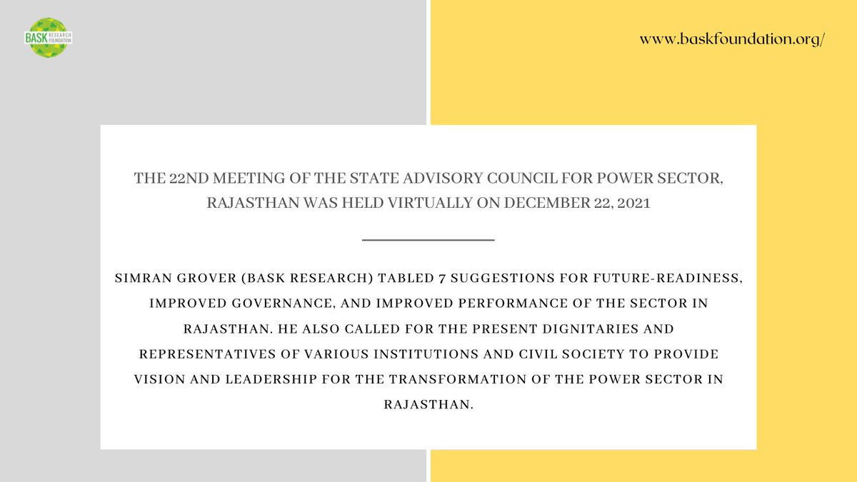 A thread of 7 suggestions submitted to the State Advisory Council (Rajasthan) for improved performance of the Power Sector.
 
#PowerSectorTransformation #Electricity #StateAdvisoryCommittee #Reforms #Policy  #JustTransition #DataGovernance #EnergyGovernance #BaskResearch

(1/8)