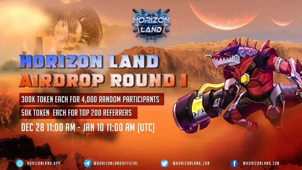 🚀 Airdrop: HorizonLand
💰 Value: 350k $ZON ($28k)
👥 Referral: +1 Entry
📅 End Date: 10th January 2022
🏦 Distribution Date: days after TGE, 25% per month

Go to the Airdrop Page
wn.nr/vV9nNb

#Airdrop #Airdrops #Crypto