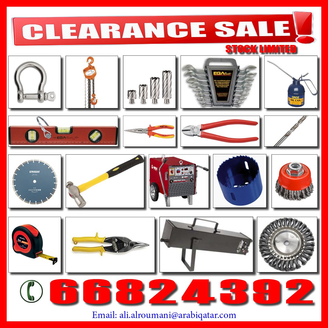 Arabicoqatar's tweet photo. Year end stock clearance sale, limited stock with lowest price. Call 66824392 email ali.alroumani@arabiqatar.com, industrial area St.3 gate no 35. #doha #qatar #sale #tools #toolsandsafety #equipments #yearend #2022 https://t.co/G6JnmR5Ebm