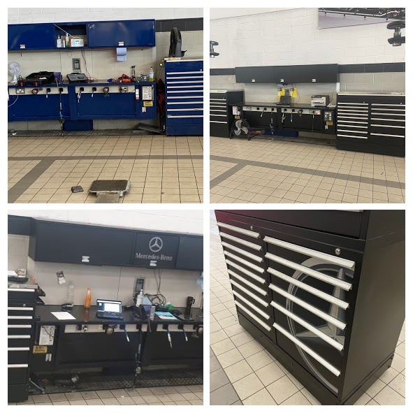 Our team have vinyl wrapped 22 x technician bays for <a href="/MercedesBenz/">Mercedes-Benz</a> <a href="/MercedesAMG/">Mercedes-AMG</a>, The blue colour was replaced with a slick looking matte black and silver finish using material from our excellent supplier <a href="/Metamarkuk/">Metamark</a> #vinyl #Graphic #wrap #MercedesBenz #MercedesAMG
