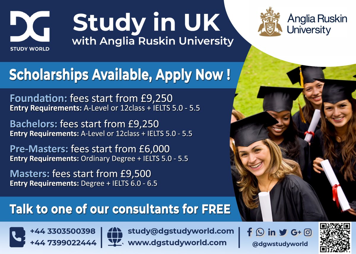 DGStudyWorld's tweet photo. Anglia Ruskin University:- ARU is one of the top 350 universities in the world. This university has just under 2,000 international students enrolled 
#studyinUK #abroadeducation #dgstudyworld #topagencyinuk #january2022 #studyabroad2022 #study #studyuk #educationconsultant https://t.co/ImJnr0imMU