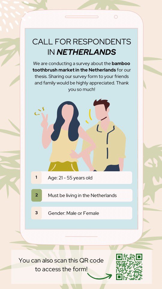 lakbawayan's tweet image. [HELP RT] 

Call for respondents living in the Netherlands! 🇳🇱

Warm Greetings! 😊

We are 4th YR Business students who are currently studying the Feasibility of Exporting Lakbawayan Bamboo Toothbrush of the Bamboo Company to the Netherlands.

Link : forms.gle/TbrBhQsNqKJcNp…