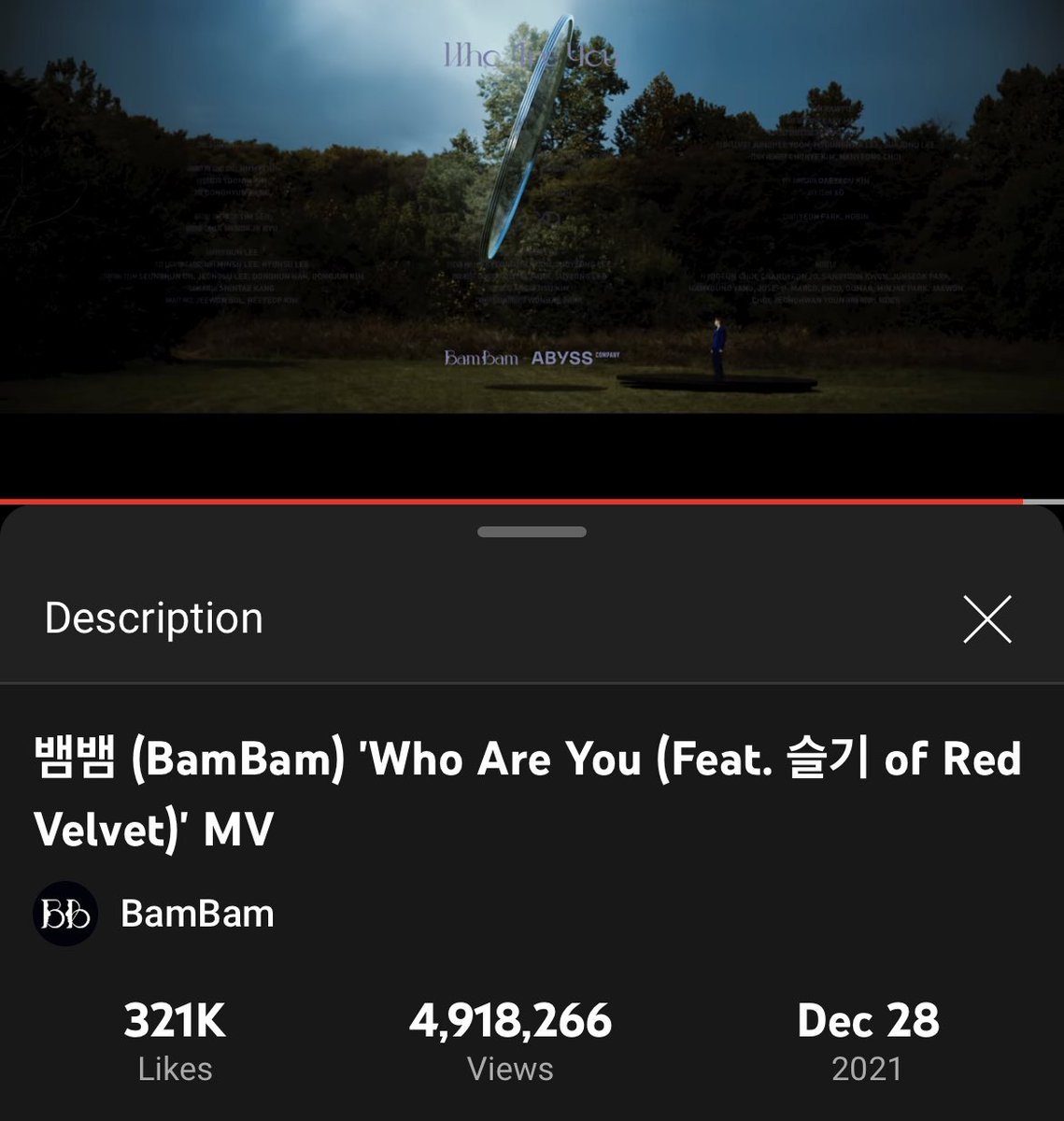 TeamBamBamSpace's tweet photo. #BamBamSpace UPDATE
뱀뱀 (BamBam) ‘Who Are You (Feat. 슬기 of Red Velvet)’ MV
Current:
4,918,266 views - 82K more to hit 5M
321 likes
22K comments
Let’s stream & share☺️🙏💚
🔗 https://t.co/r2xsdrMcz2
@BamBam1A #BamBam #뱀뱀 #SEULGI @BAMBAMxABYSS #WhoAreYou #WhoAreYou_4M https://t.co/serIQXlPTX