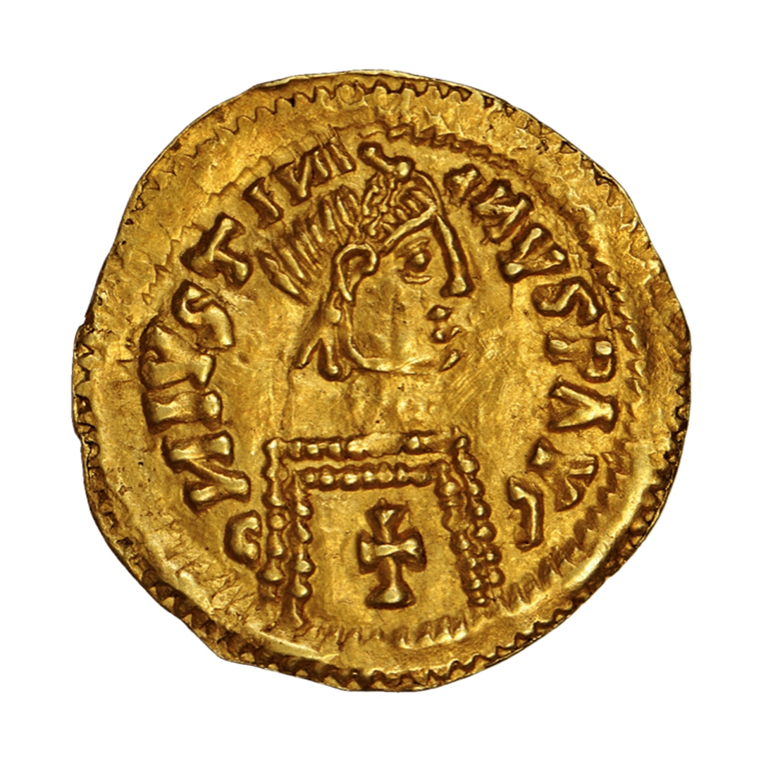 Este triente foi cunhado pelo imperador Justiniano I, que governou o  Império Bizantino (527-565). O seu reinado ficou marcado pelo projeto de  reunificação do Império Romano e a promulgação de um código