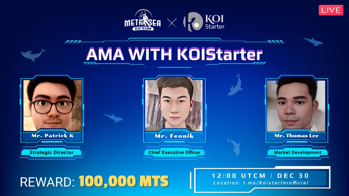 [𝗔𝗠𝗔 #𝟭] 𝗠𝗘𝗧𝗔𝗦𝗘𝗔 𝘅 𝗞𝗢𝗜𝗦𝘁𝗮𝗿𝘁𝗲𝗿 

⏰ Time: 12 PM (UTC) December 30, 2021
🎁 Reward: $100 = 100,000 MTS token
👉 Location: t.me/Koistarteroffi… 

- Part 1: 5 Intro questions
- Part 2: 5 Twitter questions (50,000 MTS )
- Part 3: 5 Live questions (50,000 MTS )
