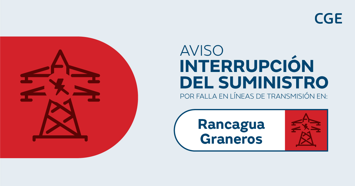 CGE_Clientes's tweet photo. Informamos a nuestros clientes de #Rancagua y #Graneros, que la interrupción del suministro eléctrico se debe a una falla en una línea de transmisión. Nuestras brigadas realizan la inspección para proceder a las maniobras de recuperación. https://t.co/FQB5OEDlwF