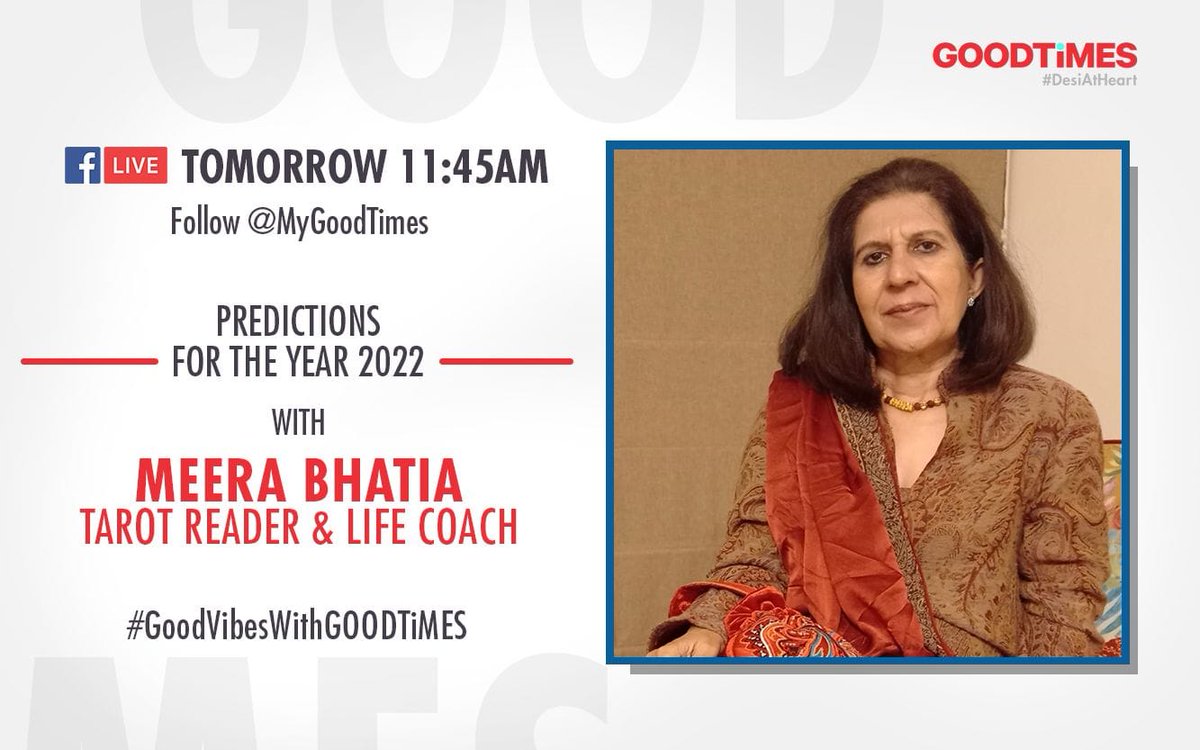 Do you want to know what 2022 has in store for you? Join #TarotReader, #Healer & #Therapist #MeeraBhatia at 11:45 AM tomorrow (30th December, Thursday) on the GoodTimes Facebook Live to get answers to all your questions.

#tarot #therapy #Predictions #Predictions2022