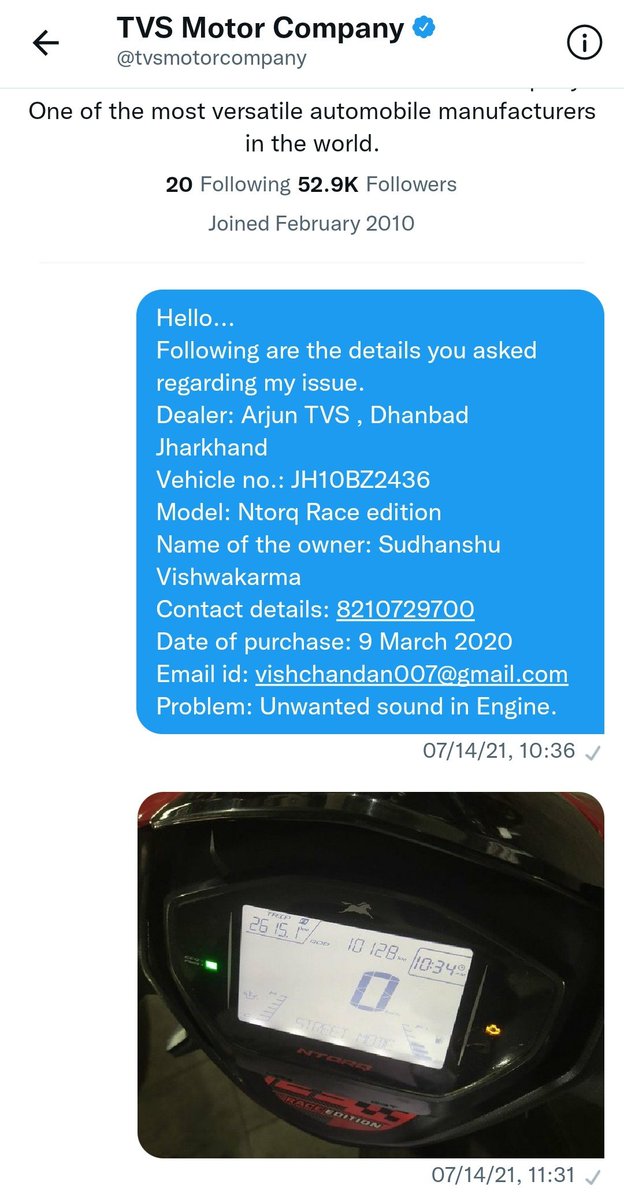 vishchandan007's tweet photo. I am attaching few screenshots and conversations between me and @tvsmotorcompany executives.
I tried to contact Mr. Narang, Head TVS Ranchi, but he has no answer for my concerns.
I am waiting from last 1 year.
Is this is the your service.
@tvsmotorcompany https://t.co/kiYo3qCzK3
