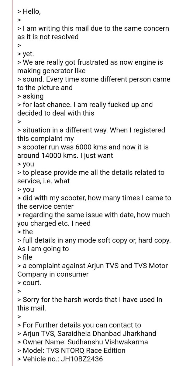 vishchandan007's tweet photo. I am attaching few screenshots and conversations between me and @tvsmotorcompany executives.
I tried to contact Mr. Narang, Head TVS Ranchi, but he has no answer for my concerns.
I am waiting from last 1 year.
Is this is the your service.
@tvsmotorcompany https://t.co/kiYo3qCzK3