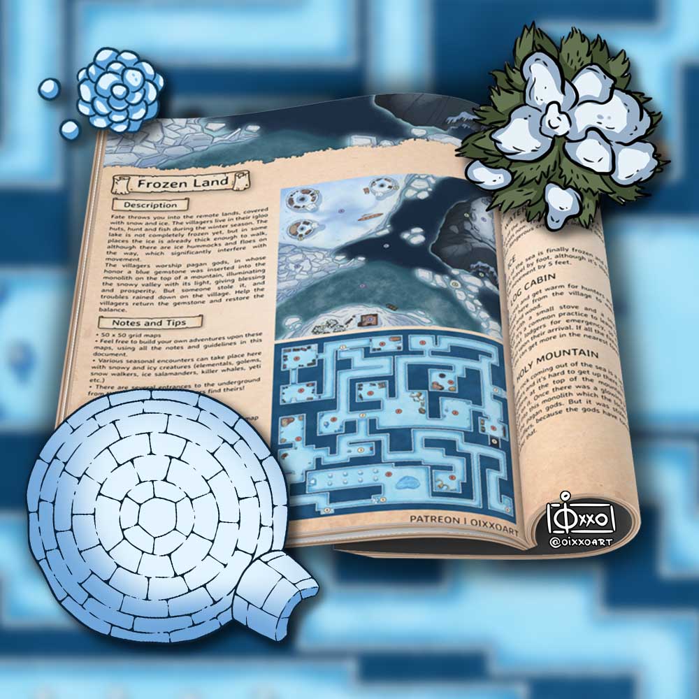 oixxo's tweet image. I'm so happy to introduce you my new winter maps! Frozen Land and Ice Caves for you to explore! I hope they let you fully experience these frosty and snowy vibes during the holiday season! ❄❄❄

patreon.com/oixxoart

#dndmap #wintermap