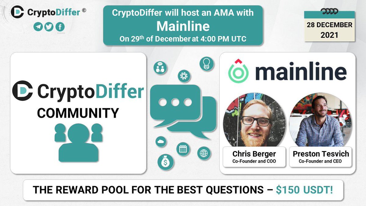 🎯Mainline is having an #AMA session with Crypto Differ!

The founders of GetMainline.io will be joining their community to answer your questions.

🏆 Prize Pool: $150 USDT

📅 When: Wednesday, 29th Dec. at 4pm UTC

👉 Where: t.me/joinchat/Brbs5…

#AMA #Mainline