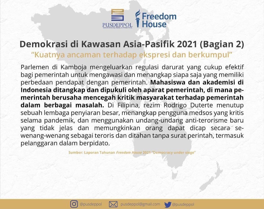 pusdeppol's tweet photo. Laporan Tahunan Freedom House:

Demokrasi di kawasan Asia-Pasifik 2021: "Menguatnya ancaman terhadap ekspresi dan berkumpul" (Bagian 2 dari 3)

#freedomhouse #asiapasifik #democracynow #democraticdecline #democracyundersiege #pusdeppol https://t.co/CzE6HMacxI