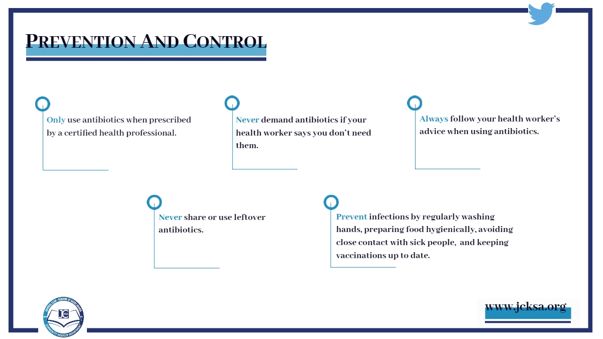 The_JCKSA's tweet photo. Antibiotic resistance is accelerated by the misuse and overuse of antibiotics, as well as poor infection prevention and control. Check the following steps that can reduce the impact and limit the spread of resistance: 

#jcksa
#share_knowledge_togather https://t.co/bTXeisRCE1