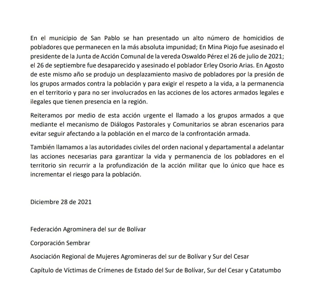 #LoPeordel2021 #URGENTE 

<a href="/Fedeagromisbol/">Federación Agrominera del Sur de Bolívar</a> <a href="/corpo_sembrar/">corporacionsembrar</a> denuncian la presencia de paramilitares en el Sur de #Bolivar