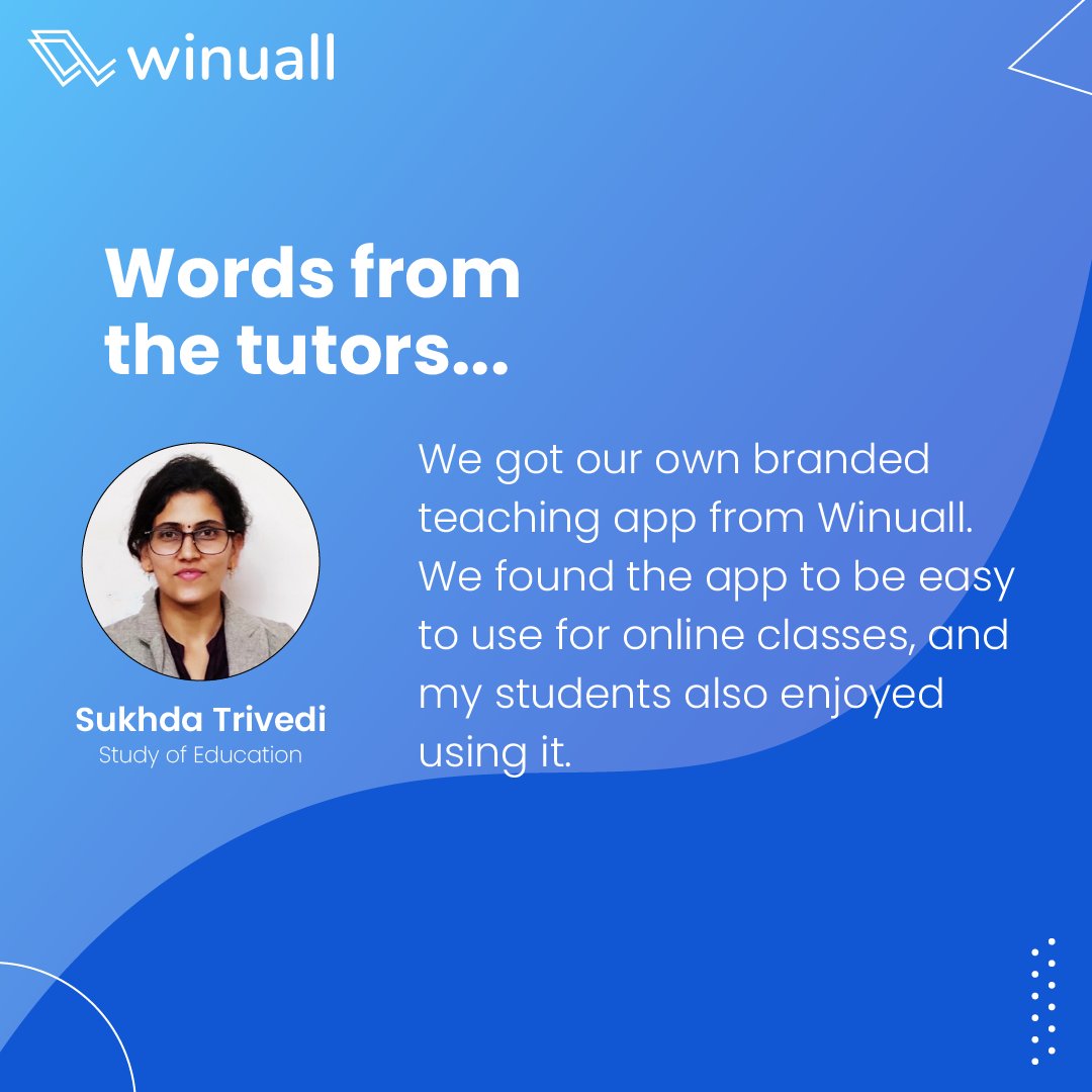 winuall's tweet image. Lakhs of tutors like Sukhda Trivedi Ma&apos;am are have started teaching online with their own branded app and website. 

Join the list of these Super Tutors by getting your own App and Website. Visit winuall.com for more details.

#onlineteaching #teachingapp #Winuall