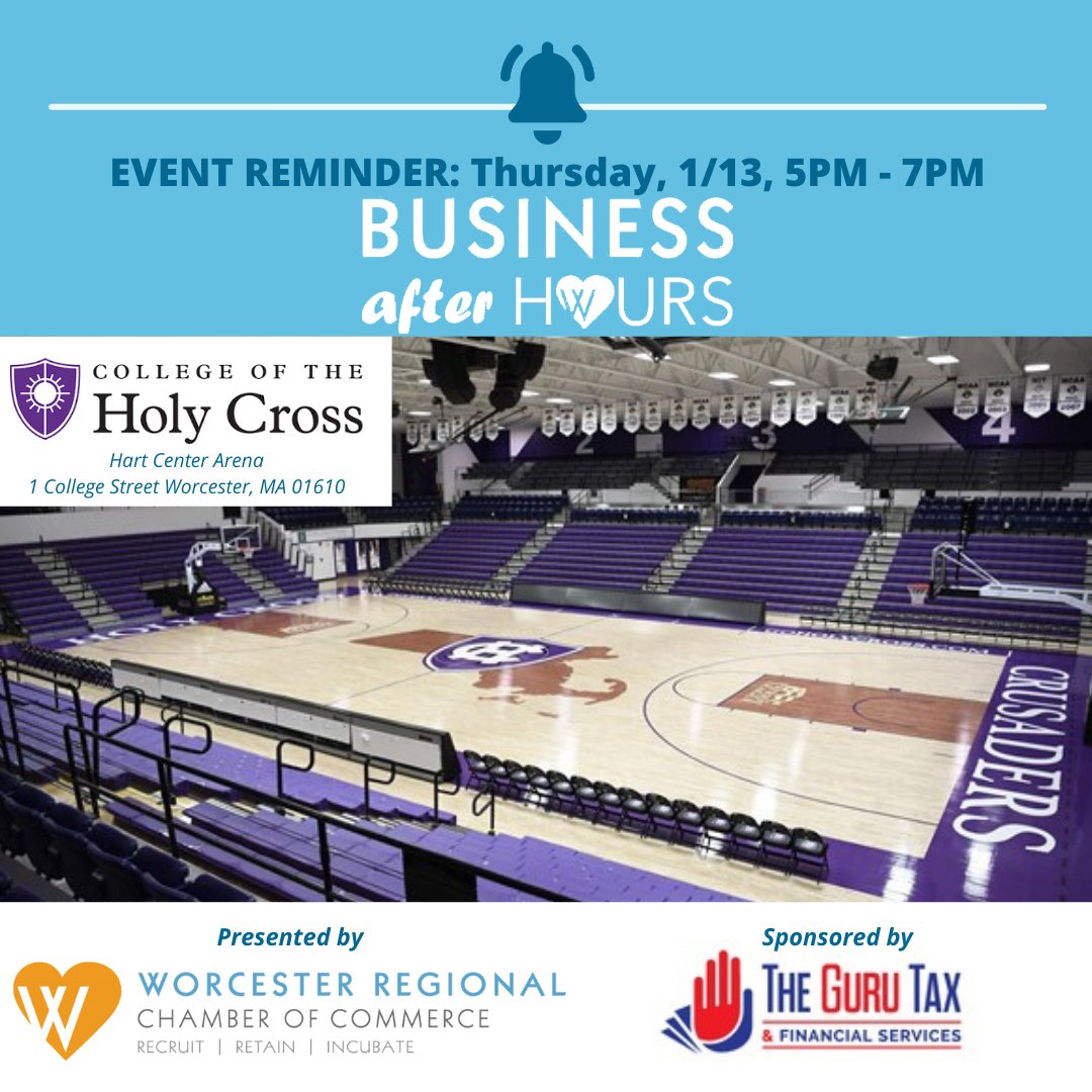 Have you registered for our first Business After Hours of 2022? Join us on January 13 from 5-7pm (sponsored by The Guru Tax &amp; Financial Services) &amp; as a bonus, you'll receive a ticket 🎟 to watch the <a href="/holy_cross/">College of the Holy Cross</a> Crusaders 🏀 game starting at 7pm!

👇
zcu.io/yEoC