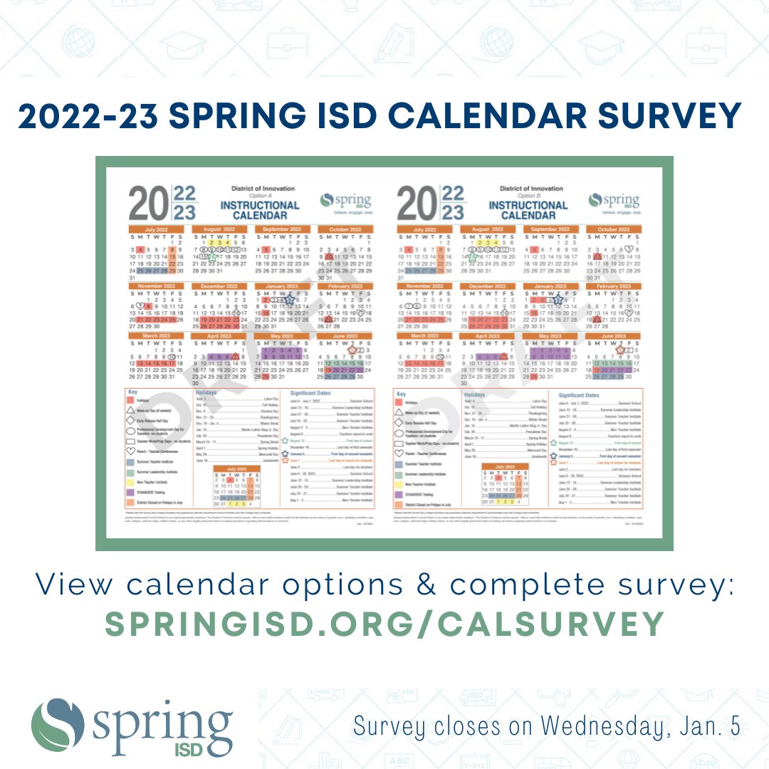 Spring Isd Calendar 2023 تويتر \ Spring Isd على تويتر: "We Have Two Options Under Consideration For  The 2022-2023 Spring Isd Instructional Calendar, And We Would Like Your  Feedback On Which Option Is Preferred. Both Options