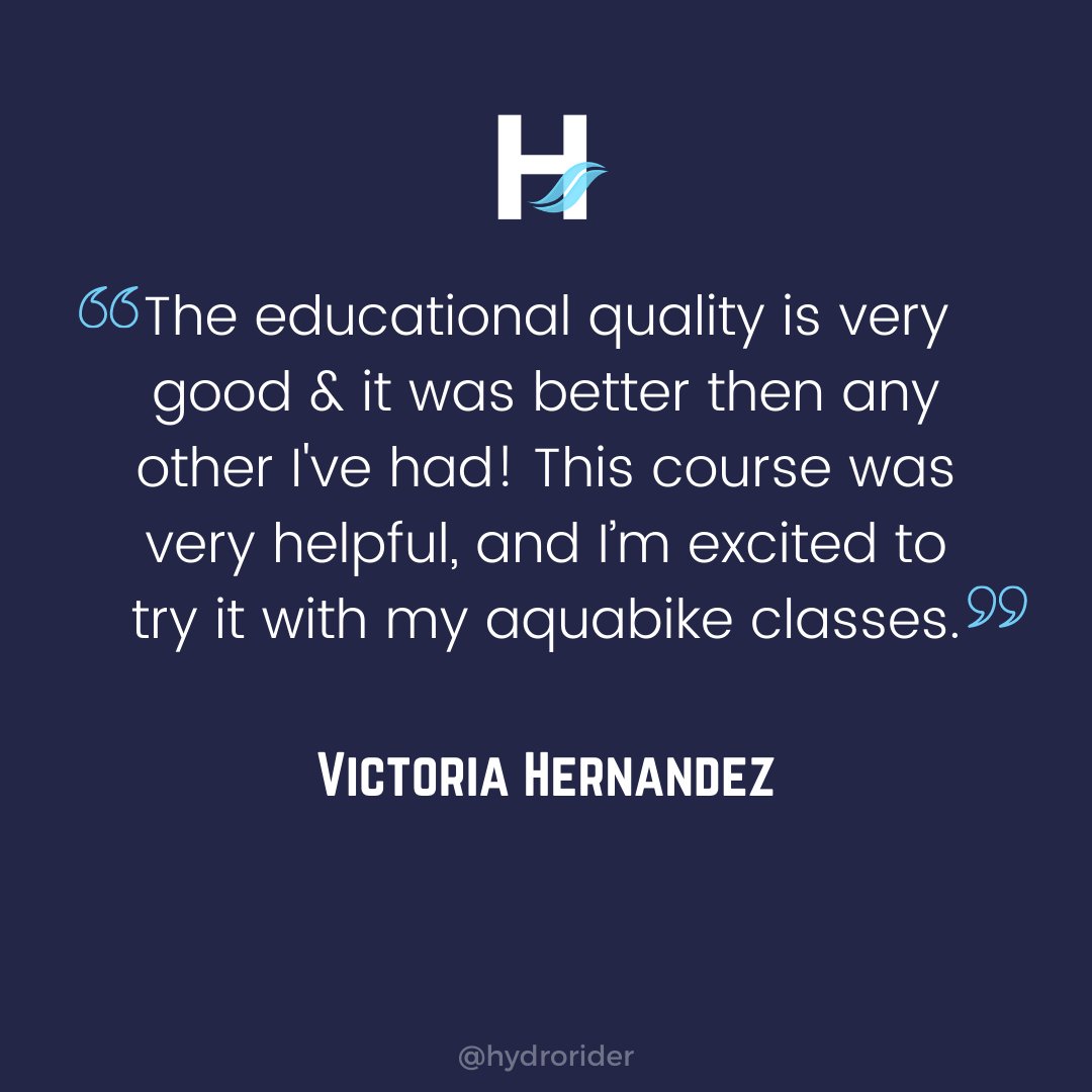 HYDRORIDER's tweet photo. "The educational quality is very good &amp; it was better then any other I've had! This course was very helpful, and i’m excited to try it with my aquabike classes." - Victoria Hernandez

We LOVE hearing from our #hydrofam! So don't be shy, drop a review and be heard! #hydrorider https://t.co/zO1GpmbBB0