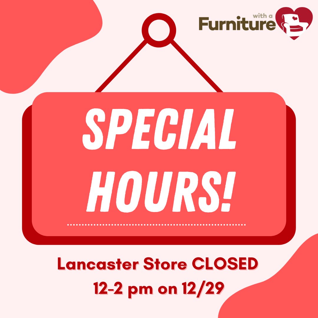 FurnitureWHeart's tweet photo. FYI 📣 Our Lancaster store will close today 12/28 12-2 pm for an employee appreciation lunch.

Stop by 10 am - 12 pm or 2 - 6 pm to discover thrift finds and see our WONDERFUL store associates! ❤️

*Our Columbus store is open with regular hours today. https://t.co/oe9qjVssGp