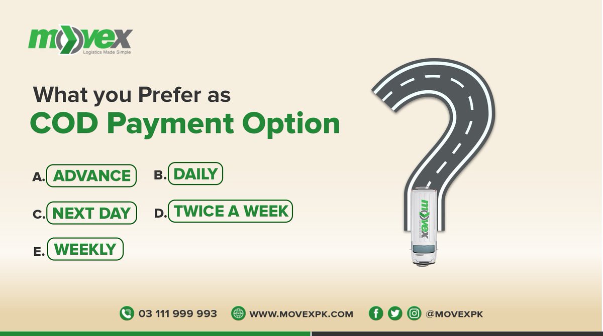 movexpakistan's tweet photo. MOVEX always strives to satisfy and become an important part of the Business Growth of our customers, We have noticed a diversified demand in the Payment Reimbursement. Please comment with your preferred options for COD Reimbursement.
#MOVEX #overnightdelivery #3pl #dailycod https://t.co/KXCdZXsTA2