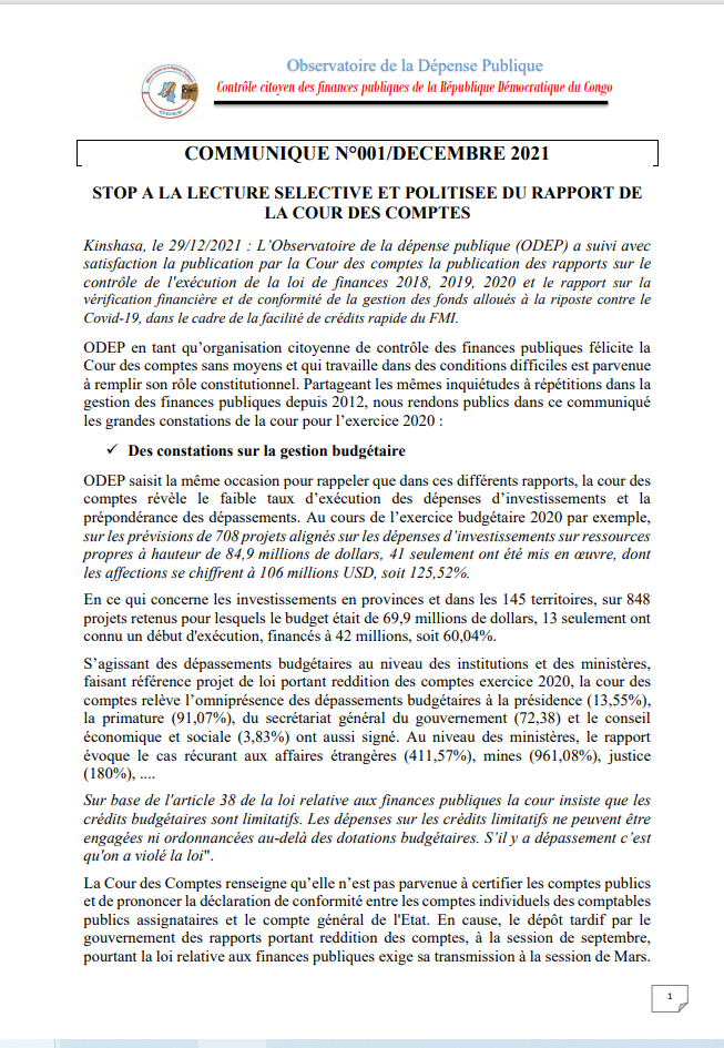 StanysBujakera's tweet photo. #RDC: "Nous soutenons la Cour de Comptes et ses rapports de contrôle exercice 2020, demandons à la justice la mise en examen de toutes les personnalités citées dans le tripatouillage de 50,7 millions $ du FMI affectés au Covid-19: de la Présidence au gouvernement", (ODEP) https://t.co/DVI4x4kU9M