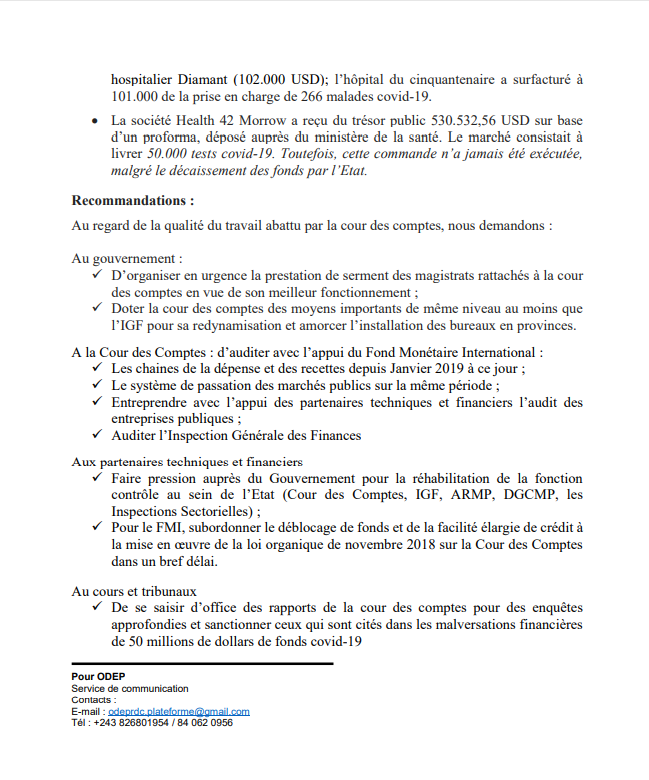 StanysBujakera's tweet photo. #RDC: "Nous soutenons la Cour de Comptes et ses rapports de contrôle exercice 2020, demandons à la justice la mise en examen de toutes les personnalités citées dans le tripatouillage de 50,7 millions $ du FMI affectés au Covid-19: de la Présidence au gouvernement", (ODEP) https://t.co/DVI4x4kU9M