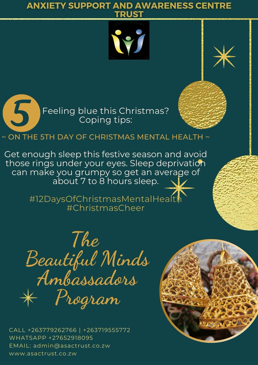 ON THE 5TH DAY OF CHRISTMAS: Get enough sleep this festive season and avoid those rings under your eyes. Sleep deprivation can make you grumpy so get an average of about 7 to 8 hours sleep.
#12DaysOfChristmasMentalHealth
#ChristmasCheer