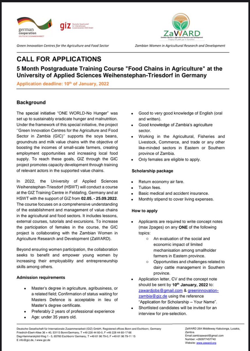 Applications are open for a 5 month postgraduate training course in Food Chains in Agriculture at the University of Applied Sciences Weihenstephan-Triesdorf in Germany.

The application deadline is the 10th of January 2022.