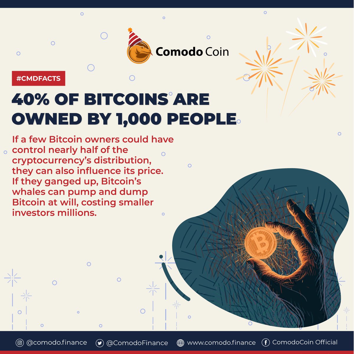 ComodoFinance's tweet photo. Did you know that 40% of Bitcoins are owned by 1,000 people? Have a look at the infographics below to know more about this surprising Bitcoin fact! 💎💰

#CMDFacts #BSCGems #BSC #CMD #learncrypto https://t.co/88GJT0PUlF