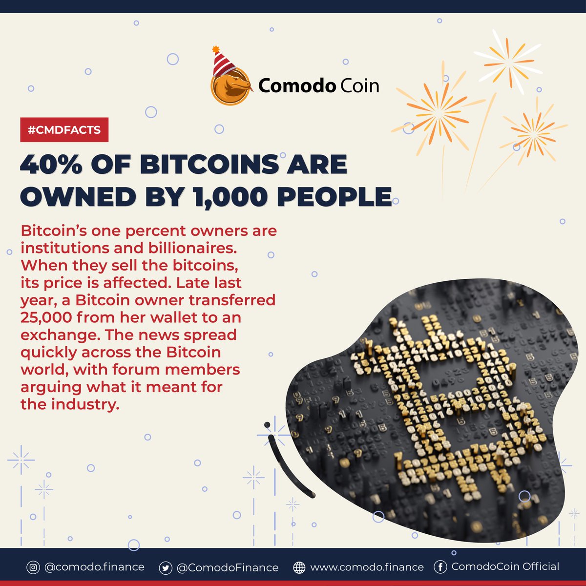 ComodoFinance's tweet photo. Did you know that 40% of Bitcoins are owned by 1,000 people? Have a look at the infographics below to know more about this surprising Bitcoin fact! 💎💰

#CMDFacts #BSCGems #BSC #CMD #learncrypto https://t.co/88GJT0PUlF