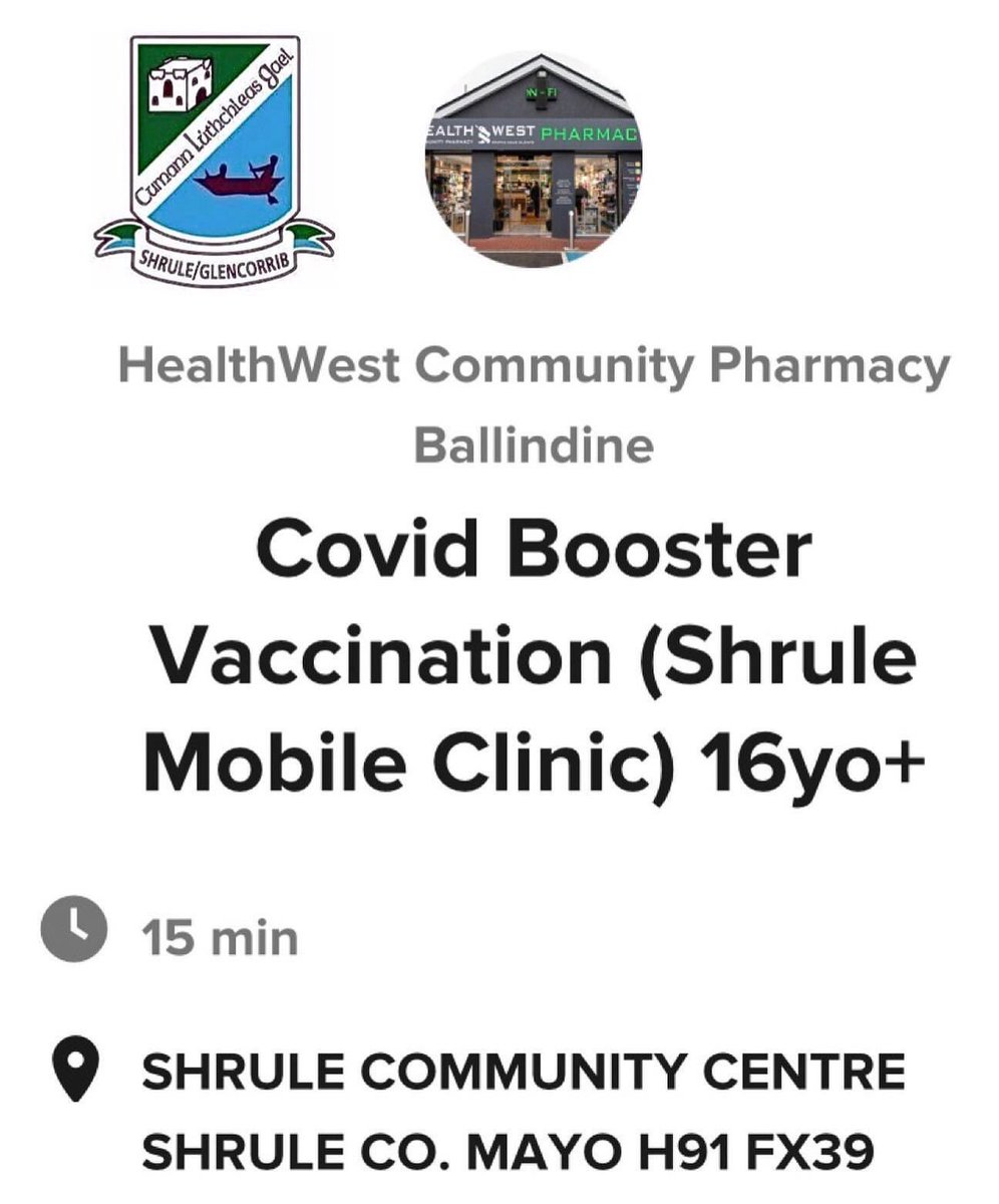 As advised yesterday, there will be a Covid-19 Booster Clinic tomorrow Thursday in Shrule Community Centre.Please note there is a change in time and the Clinic will be running from 6:00pm to 8:00pm.
To make an appointment online for the Booster Jab please use the following link:
