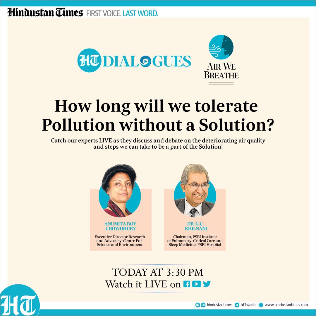 htTweets's tweet photo. Watch the #AirWeBreathe edition of #HTDialogues to help answer some key questions about the recurring pollution problem in the capital.
Today, 3:30 PM onwards, on our Facebook, Twitter and YouTube channels https://t.co/5wFmxD4EWt