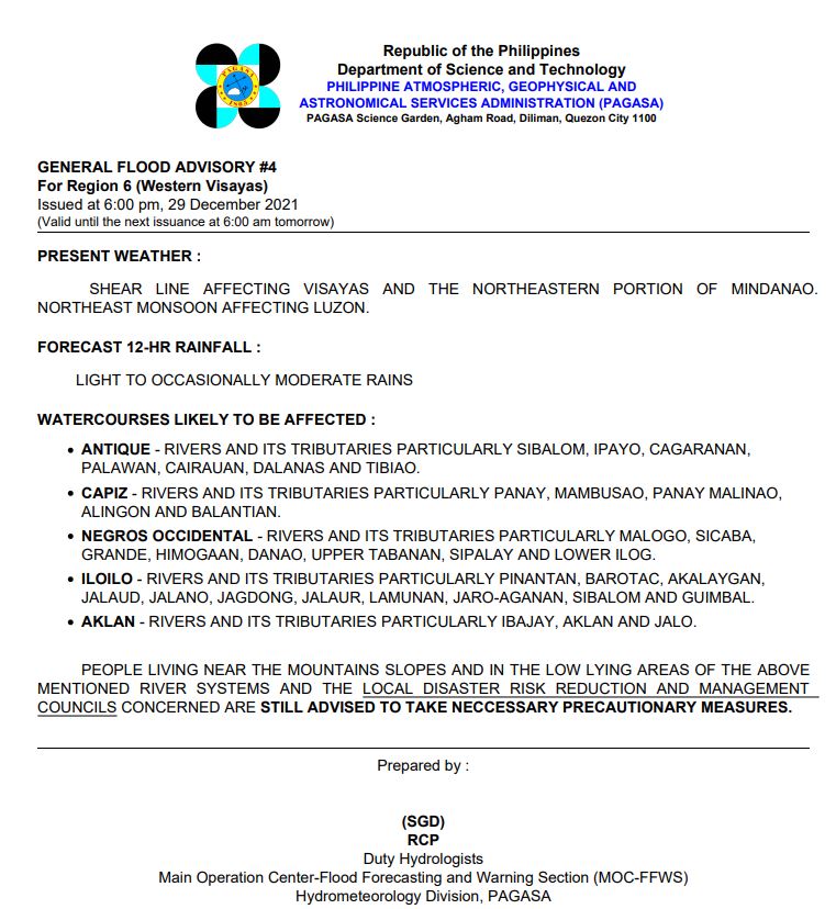 dost_pagasa's tweet photo. General Flood Advisories (GFAs)
Issued @ 6:00 PM, 29 December 2021
Region 5 (Bicol Region) #GFA8
Region 6 (Western Visayas) #GFA 4
Region 7 (Central Visayas)#GFA2
Region 8 (Eastern Visayas) #GFA6 https://t.co/1M3vkaJpAw