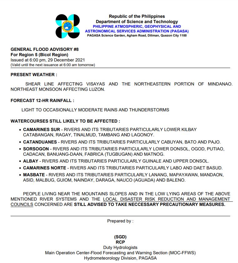 dost_pagasa's tweet photo. General Flood Advisories (GFAs)
Issued @ 6:00 PM, 29 December 2021
Region 5 (Bicol Region) #GFA8
Region 6 (Western Visayas) #GFA 4
Region 7 (Central Visayas)#GFA2
Region 8 (Eastern Visayas) #GFA6 https://t.co/1M3vkaJpAw