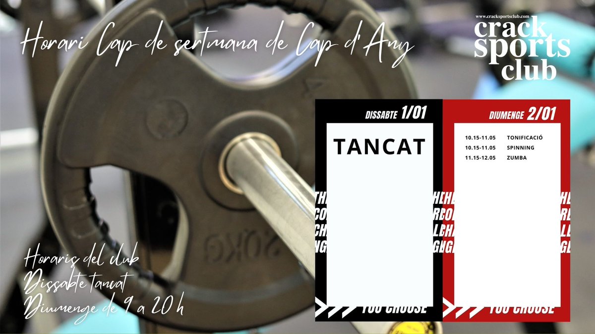 Cap de setmana de comiat i benvinguda d'any. El dissabte el club estarà tancat. El diumenge normalitat per a començar a cremar excessos.

#CrackSportsClub #Horaris #AADD #Club #CapdeSetmana #Granollers #VallèsOriental