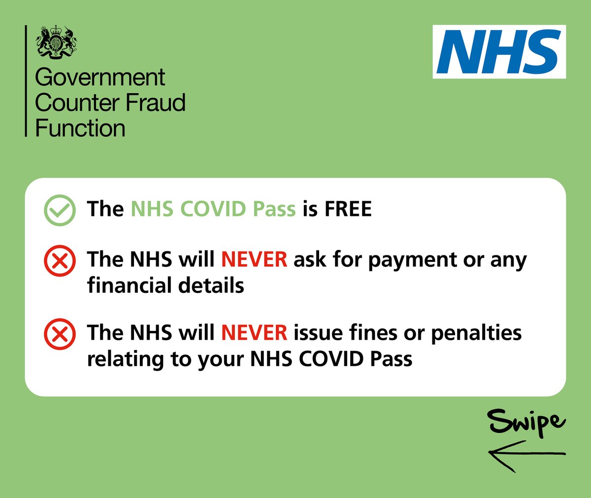advicedotscot's tweet photo. Beware of COVID Pass FRAUD.

The NHS COVID Pass is FREE. The NHS will NEVER ask for payment or any financial details. The NHS will NEVER issue fines or penalties relating to your NHS COVID Pass.

To get your FREE NHS COVID Pass visit https://t.co/iznqEWNUbU

#NHSCOVIDPass https://t.co/Jb7xvT6KB6