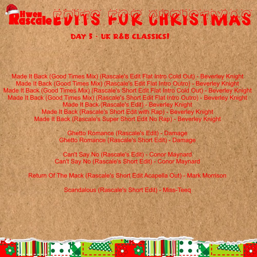 HwenRascale's tweet photo. On the 5th day of christmas my DJ gave to
me:
5 UK R&amp;B Classics!
This is how we do #rnb in the UK

Click here for free DL!
https://t.co/yneWLM35ys

#djedits #recordpool #djedit #stuffdjslike #djstuff
#rnbedits #beverleyknight #damage #conormaynard #markmorrison #missteeq https://t.co/TCtst9RDQQ
