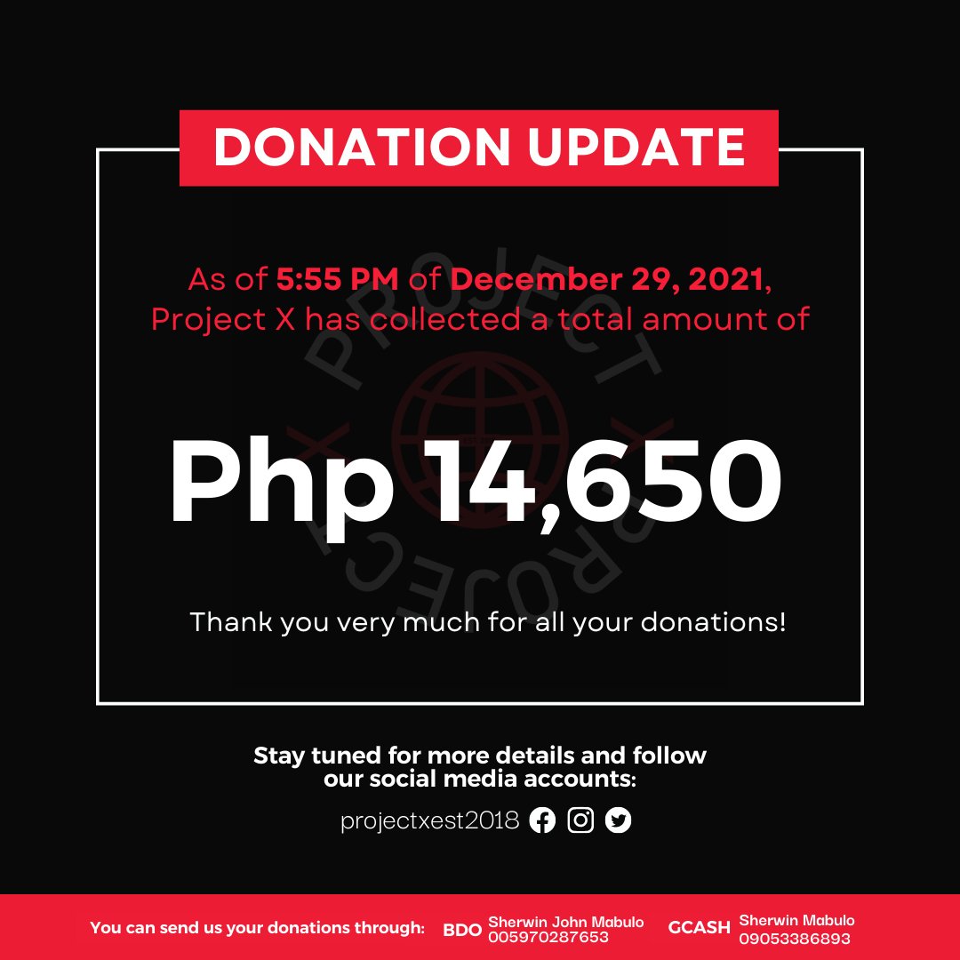 projectxest2018's tweet photo. FUNDRAISING UPDATE:

As of 5:55 PM of December 29, Project ❌ has collected a total amount of Php 14,650 cash donations for the victims of Typhoon Odette in Cebu.

We are very happy for all the support you have given our organization and our projects. https://t.co/OZKcFdLgzi