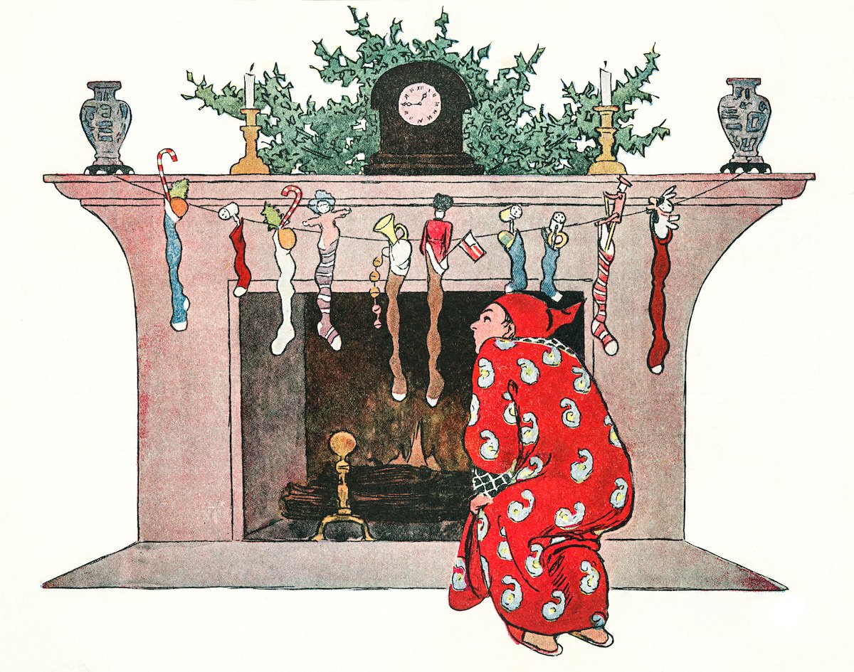 'And giving a nod, up the chimney he rose.' Illustration for 'Twas the Night before Christmas. Illustration by Jessie Wilcox Smith. c 1883-1900. Image and copyright: Public Domain, via @nypl New York Public Library, enhanced @byrawpixel #Christmas #Santa