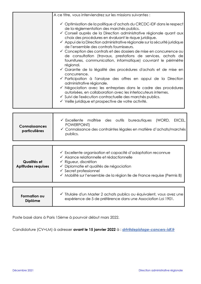 CRCDC_IDF's tweet photo. [#Recrutement] 📢 Vous souhaitez vous investir dans le #dépistage des cancers ? Le @CRCDC_IDF recrute un(e) Responsable achats/marchés publics au Siège à #Paris 15ème. 
Candidatez à drh@depistage-cancers-idf.fr 💻
Les détails du poste ici 👇🏽

#crcdcidf #emploi #responsableachats https://t.co/hw5FQ5wTgt