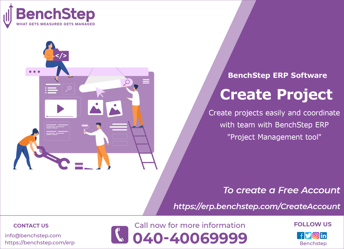 BenchStep's tweet image. BenchStep ERP helps project managers to create and manage projects seamlessly and work coordinately with the team.
Learn more about the &quot;Create Project&quot; from here erp.benchstep.com/CreateProjects 
For more details call now 040 4006 9999
#erp #BenchStep #createprojects #projects #Create