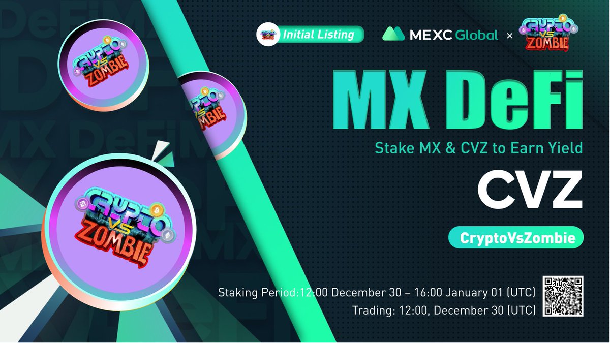 MEXC's tweet photo. 📈MEXC will list $CVZ @CryptoVsZombie in the Innovation Zone under CVZ/USDT trading pair at 12:00 on Dec 30 (UTC)

🔨Launching the new MX DeFi with $CVZ - Stake $MX or $CVZ to earn liquidity yield on $CVZ

Details: https://t.co/M6VfMbCYpO

#CryptoVsZombie #MEXCGlobal #MXDeFi https://t.co/QPyGf346fT
