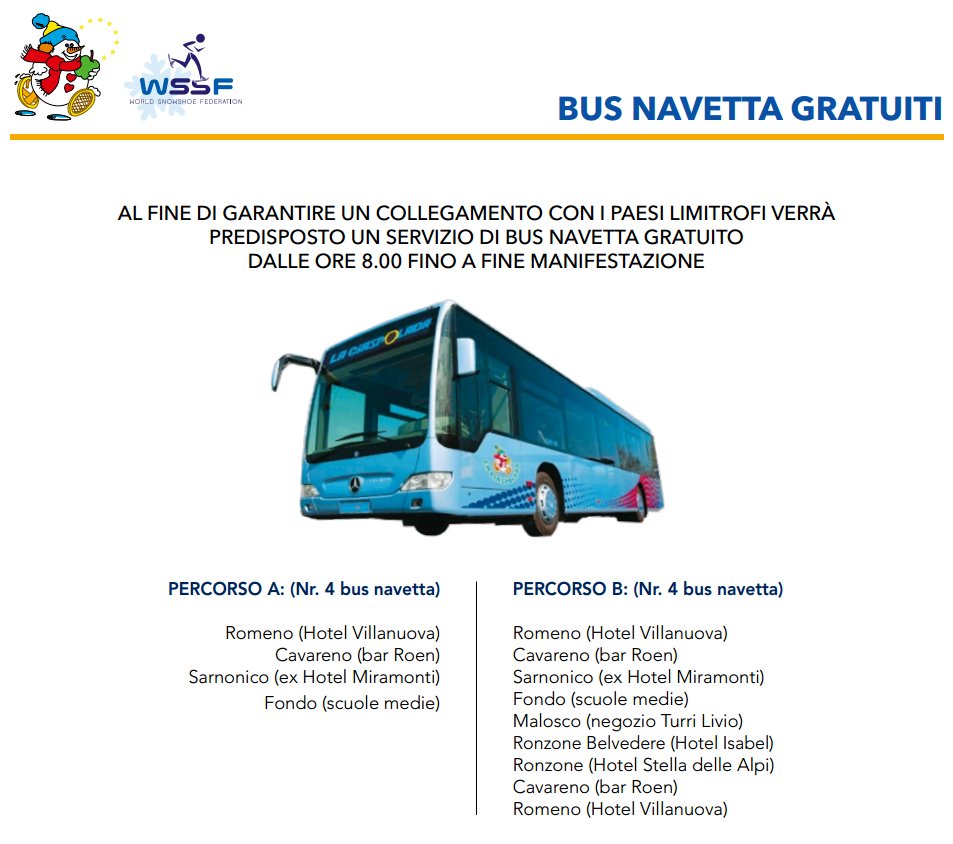 La Ciaspolada è 𝐄𝐂𝐎 𝐅𝐑𝐈𝐄𝐍𝐃𝐋𝐘!✅
L’8 gennaio approfitta dei 𝗕𝗨𝗦 𝗡𝗔𝗩𝗘𝗧𝗧𝗔 gratuiti🚌
Ci saranno inoltre navette dalla Località Pradastagn fino al campo gara
⚠️ricorda che le norme antiCovid19 obbligano all'uso di mascherine FFP2 sui mezzi di trasporto