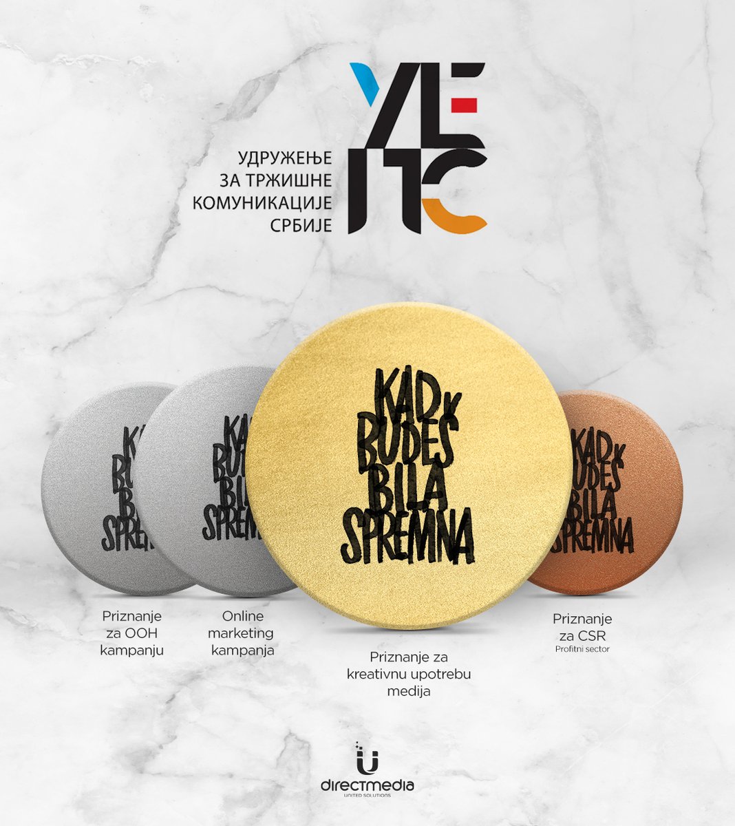 Veoma smo ponosni na to što je naša kampanja Kad budeš bila spremna na UEPS konkursu dobila priznanje u čak 4 kategorije.
Zlatno priznanje za kreativnu upotrebu medija, srebrna priznanja za online marketing kampanju i OOH kampanju, kao i bronzano priznanje za CSR-profitni sektor.