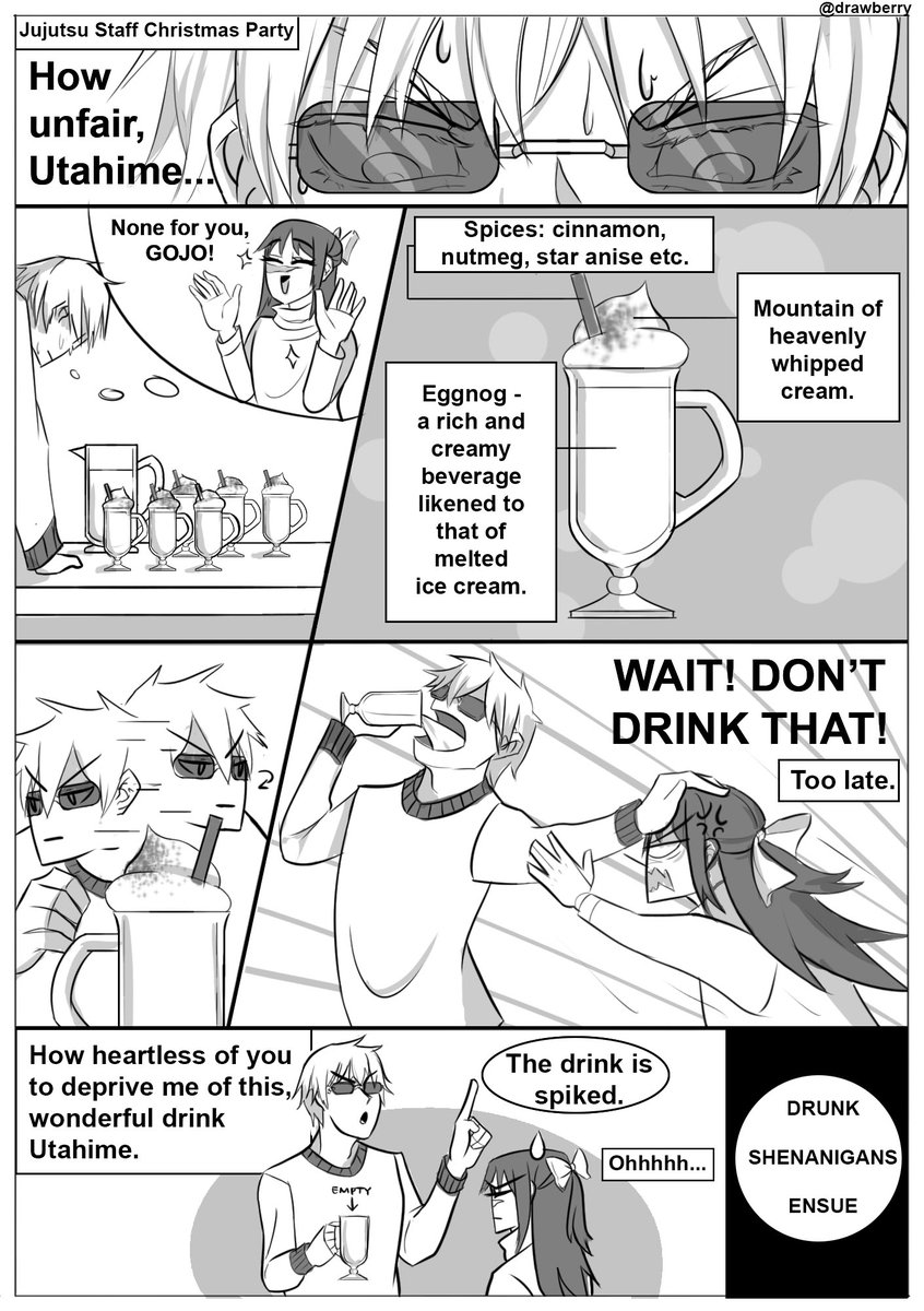 Drawberry3's tweet photo. gojohime/gouta comic#6: Drunken Shenanigans
The two causing chaos in the Staff Christmas Party.
It's better late than never lols. I got busy 😅. #gojohime #gouta #JujutsuKaisen #jjkfanart https://t.co/p6gcBvESsV
