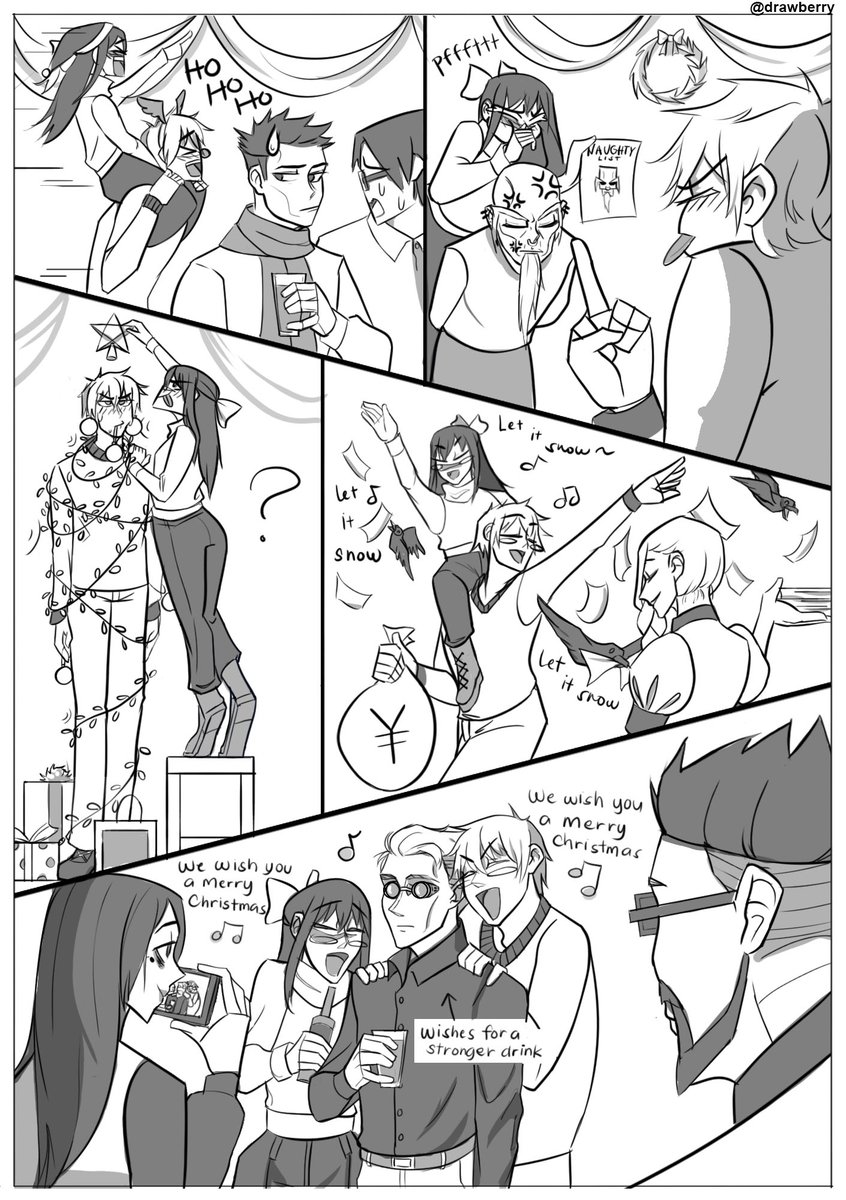 Drawberry3's tweet photo. gojohime/gouta comic#6: Drunken Shenanigans
The two causing chaos in the Staff Christmas Party.
It's better late than never lols. I got busy 😅. #gojohime #gouta #JujutsuKaisen #jjkfanart https://t.co/p6gcBvESsV