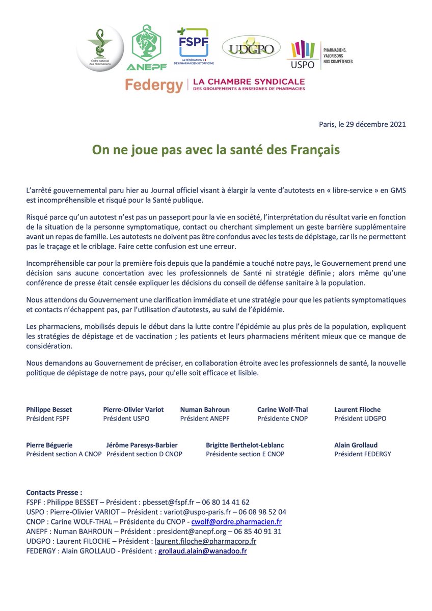 📄 CDP | On ne joue pas avec la santé des français 

Depuis hier, les autotests sont disponibles en « libre-service » en GMS 

L’avis de la communauté pharmaceutique à ce sujet est unanime : c’est une décision #incompréhensible et #risquée pour la #SantéPublique ❗️
